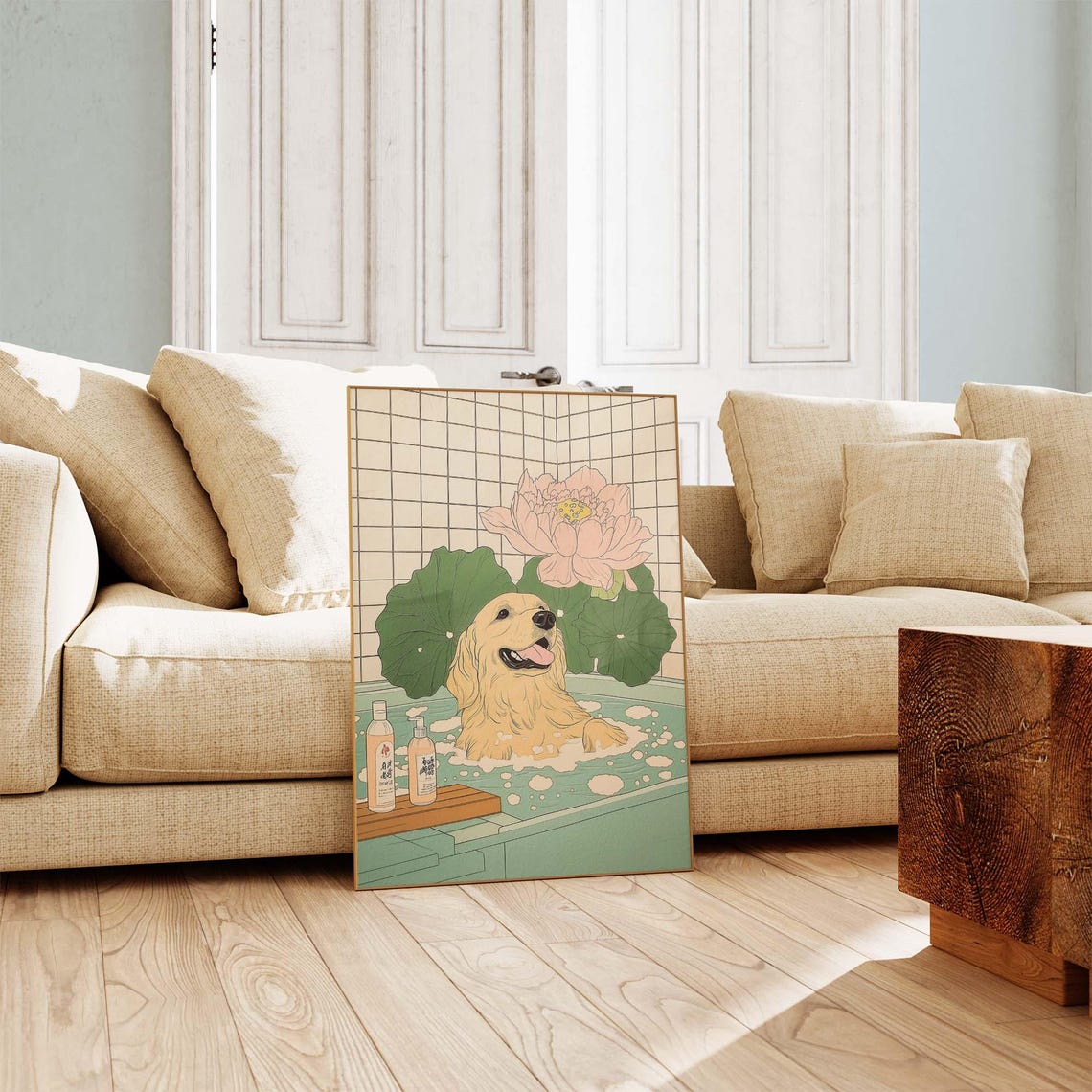 Golden Retriever Enjoying Japanese Onsen Bath With Lotus Bloom Poster - Image 3