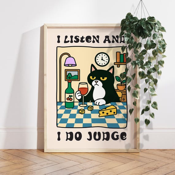 Funny Sassy Cat Art Print Wine And Cheese Decor