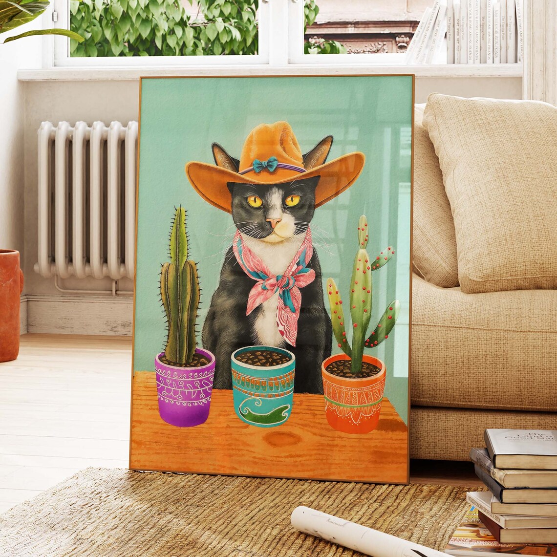 Cowboy Tuxedo Cat With Cactus, Texas Poster Print