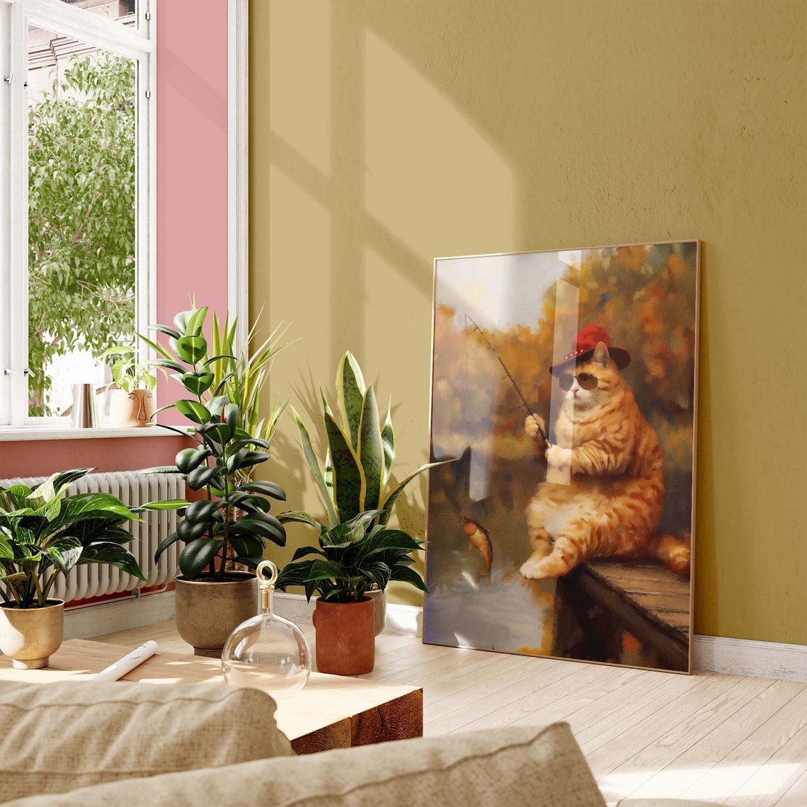 Orange Tabby Cat Fishing In A Red Hat And Cool Sunglasses Poster - Image 3