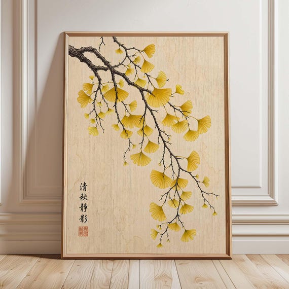 Japanese Ginkgo Botanical Branch, Japandi Zen Art Print
