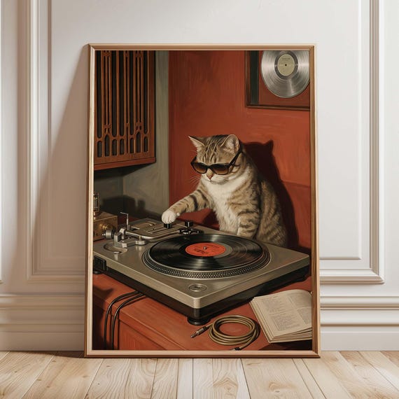 Cat DJ Vinyl Record Player, Retro Listening Room Poster