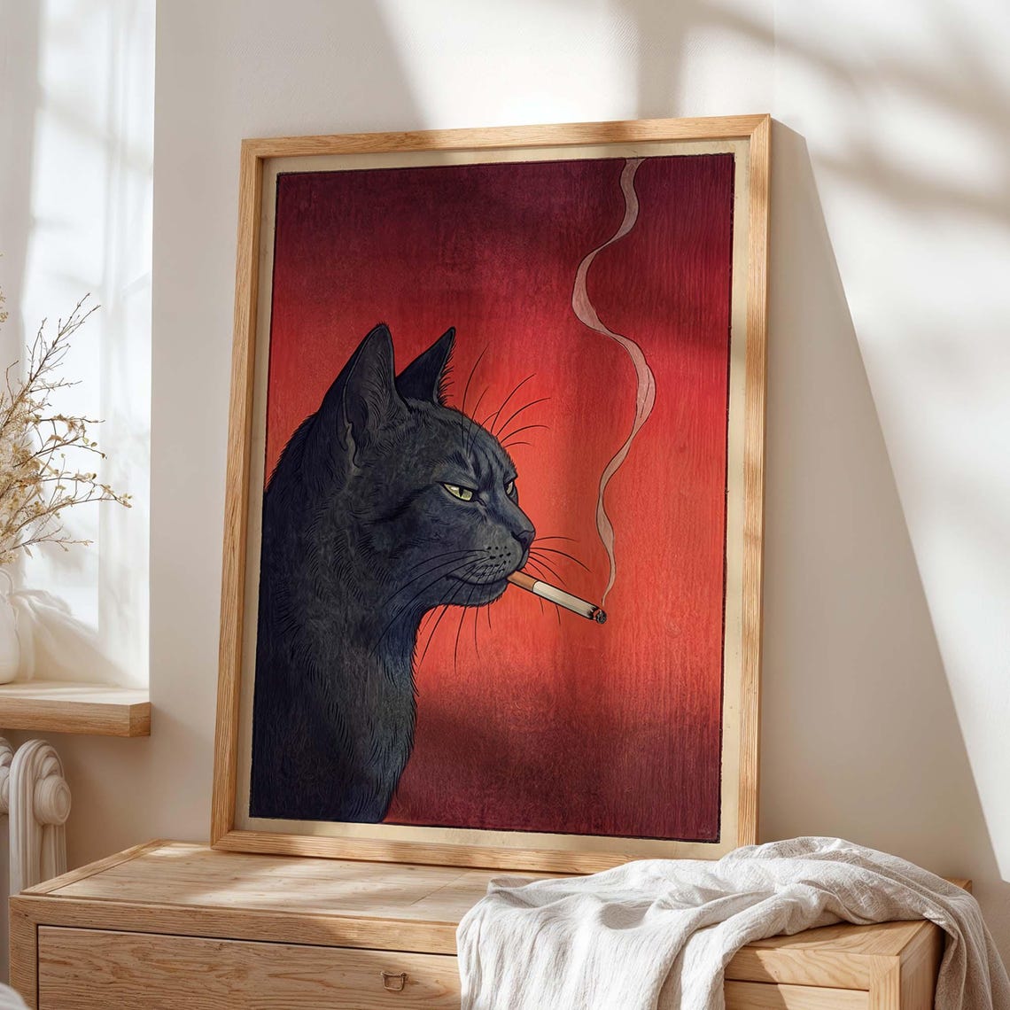Black Cat Smoking Cigarette Red Japanese Woodblock Style Poster