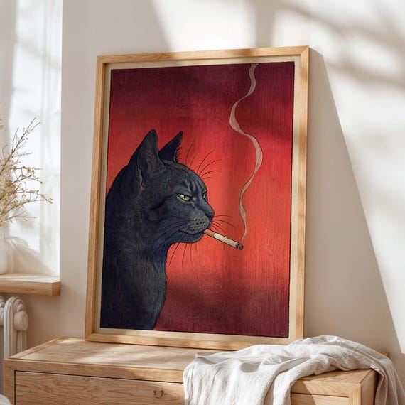 Black Cat Smoking A Cigarette Vintage Poster Art Retro Whimsical Funny Animal Wall Decor For Bar Cart Quirky Kitchen