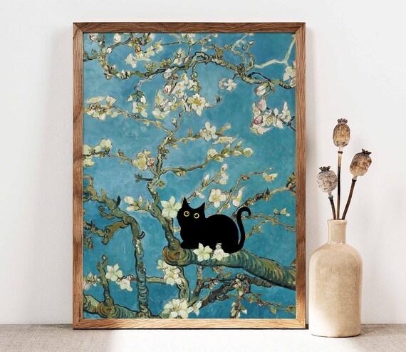 Black Cat Perched on a Branch in Van Gogh Almond Blossom Art Poster