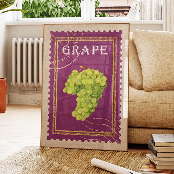 Vintage Inspired Grape Poster Classic Postage Stamp Design Elegant Fruit Art Print For Home Decor Kitchen Wall Art Print Food Art St04