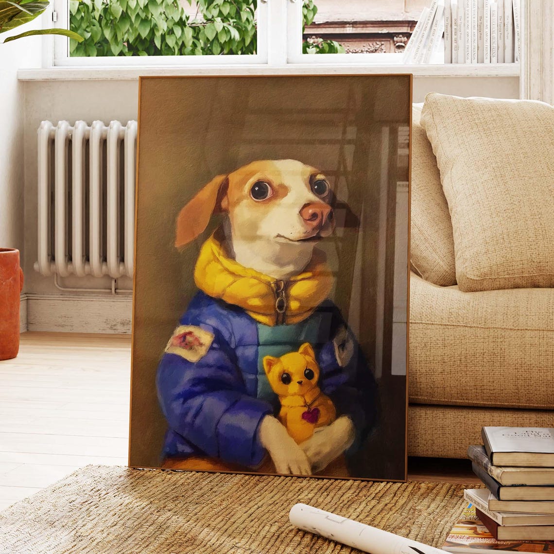 Puppy In A Blue Puffer Jacket Holding A Yellow Teddy Cat Poster