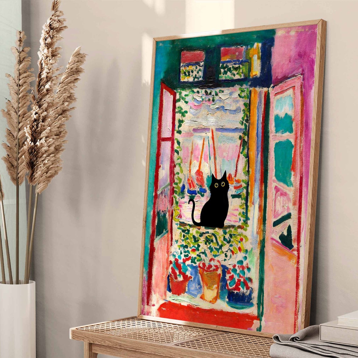 Black Cat in Matisse Style Open Window With Flowers Art Poster - Image 4