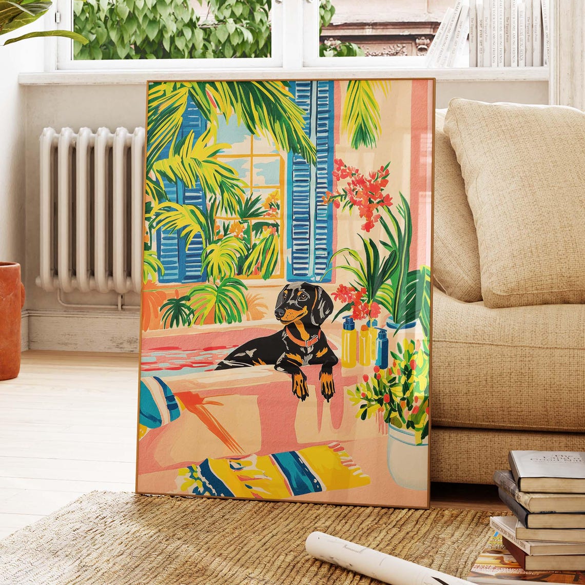 Black Dachshund in Bathtub Tropical Maximalist Funny Art Poster