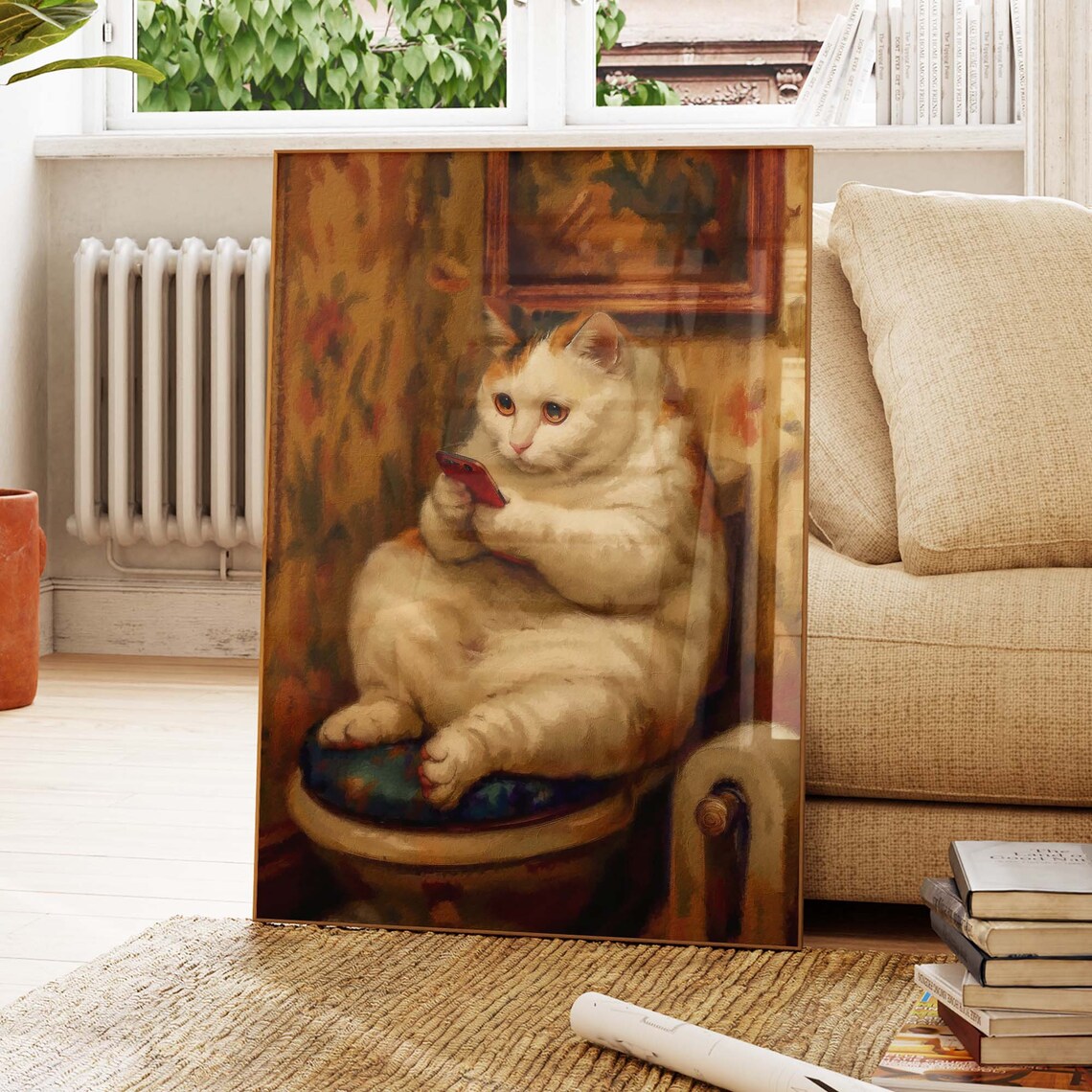 Chubby Cat Sitting On Toilet Scrolling Smartphone Funny Bathroom Poster