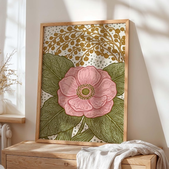 Pink Peony Blossom Vintage Floral Cottagecore Botanical Poster