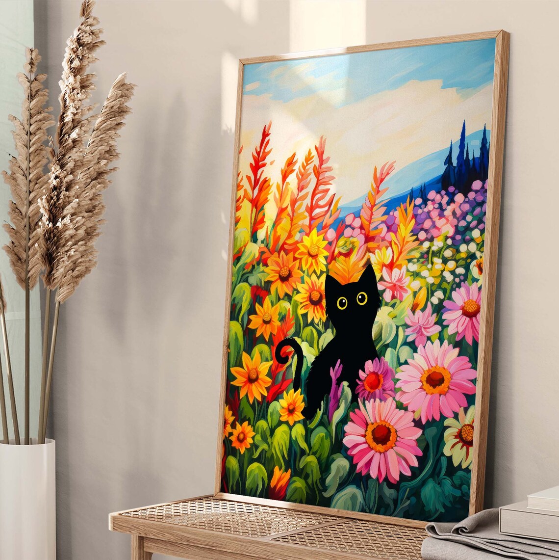 Black Cat and Sunflowers, Funny Cat Art Print - Image 2