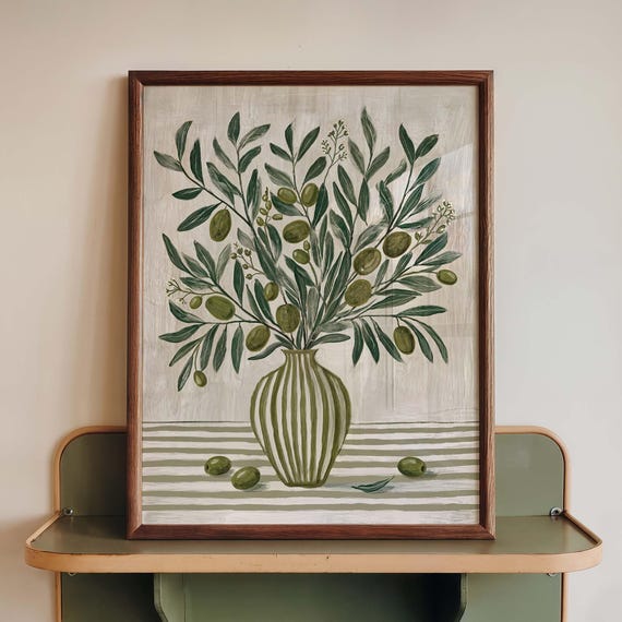 Olive Branch Still Life, Mediterranean Botanical Vase