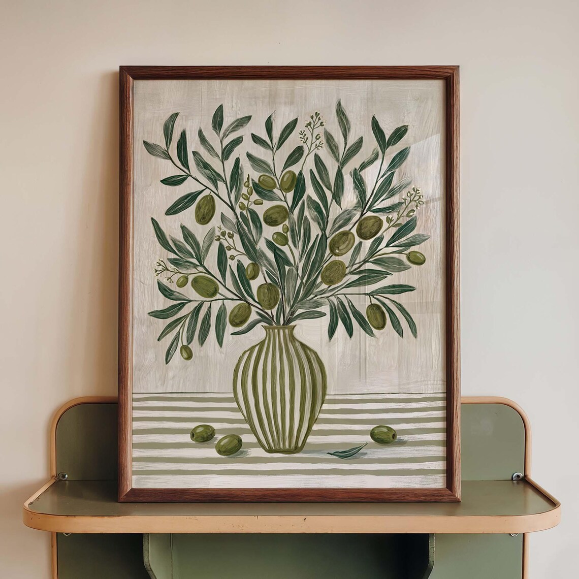 Olive Branch Still Life, Mediterranean Botanical Vase