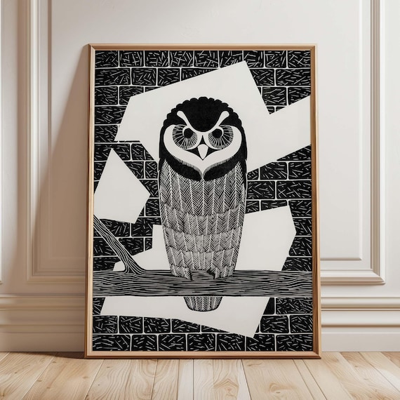 Black And White Owl Linocut Poster, Gothic Woodland
