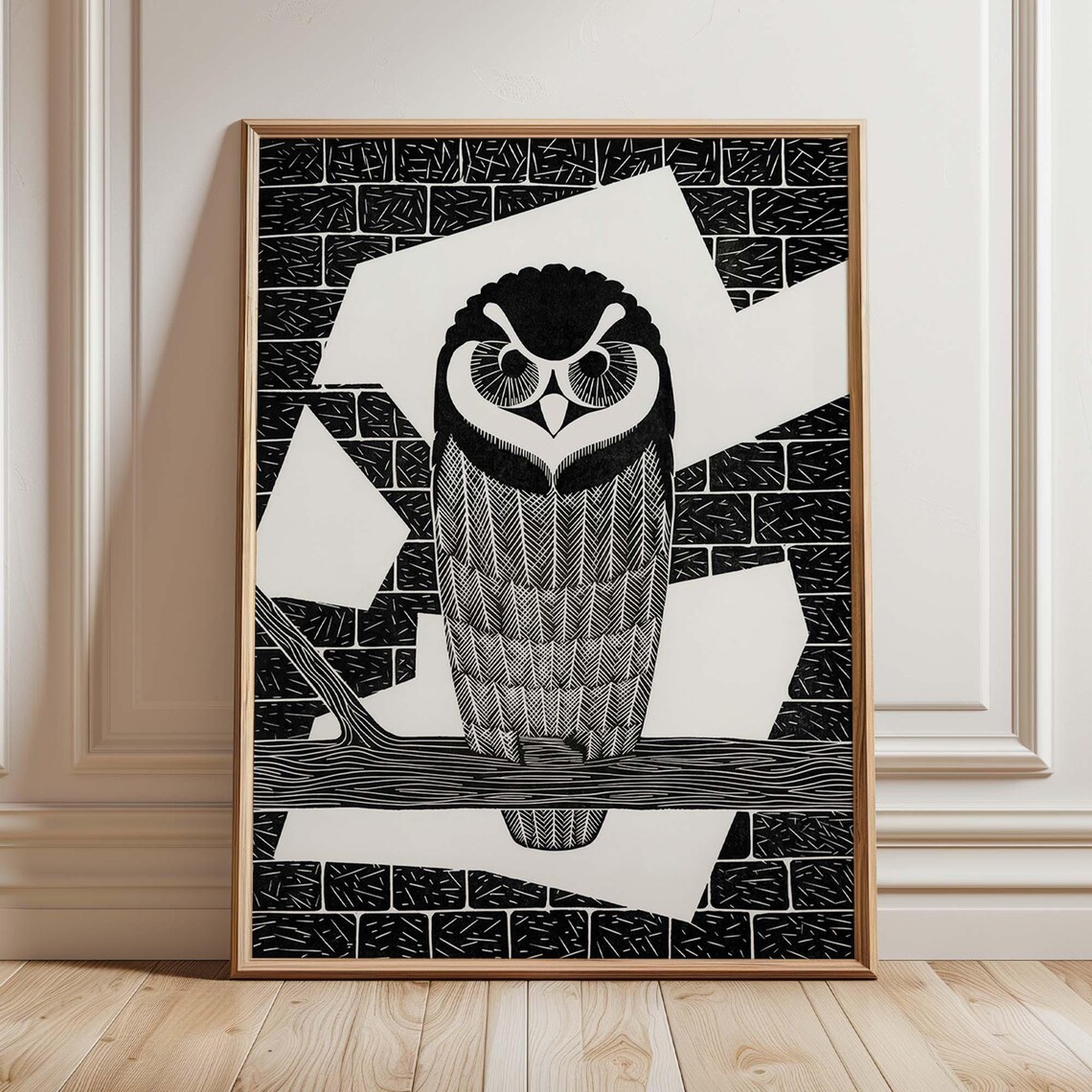 Black And White Owl Linocut Poster, Gothic Woodland