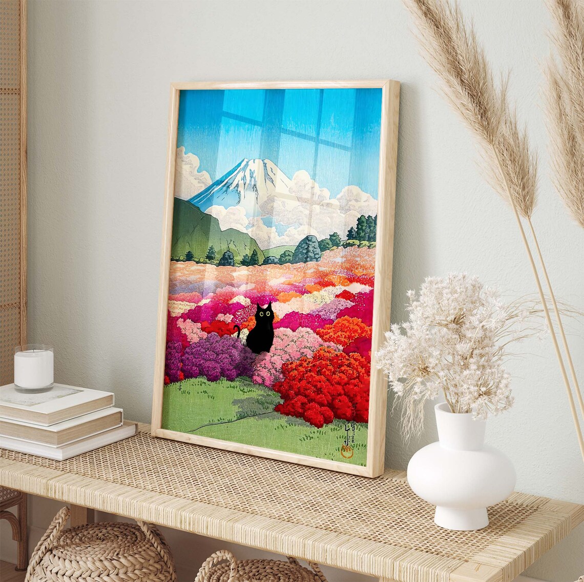 Black Cat Mount Fuji Japanese Art Print, Landscape - Image 3