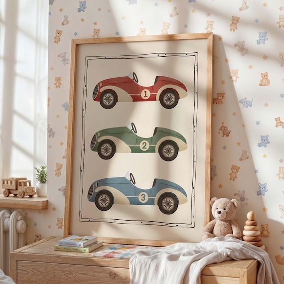 Vintage Race Car Nursery Art, Retro Boys Room Poster