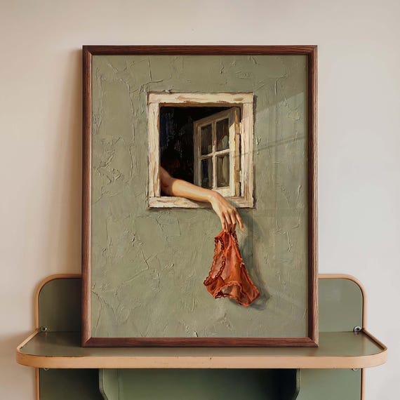 Woman Window Bathroom Vintage Lingerie Poster, Art Print