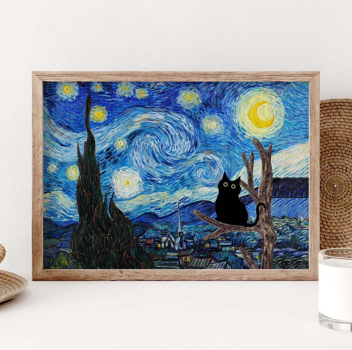 Starry Night Black Cat Perched On A Tree Branch Night Sky Poster