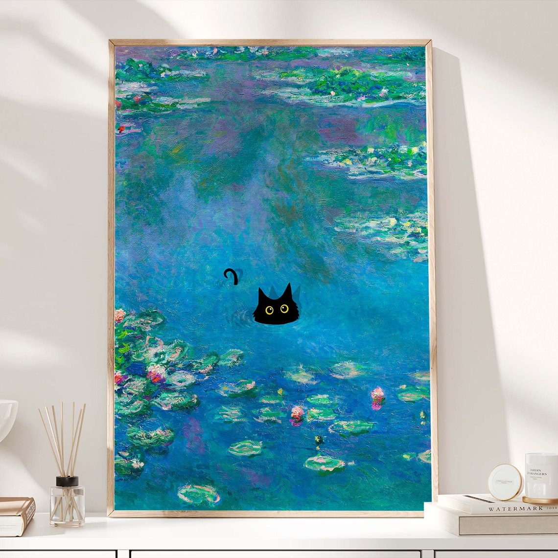 Black Cat Swimming In Monet Water Lily Pond With Blooms Poster - Image 3