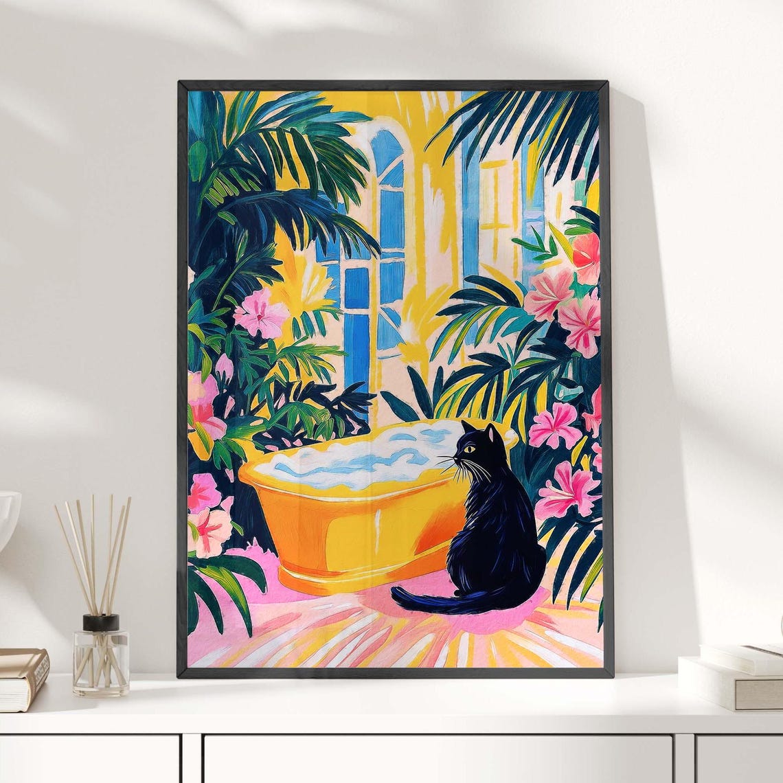 Black Cat Beside Yellow Bathtub Tropical Bathroom Art Poster - Image 4