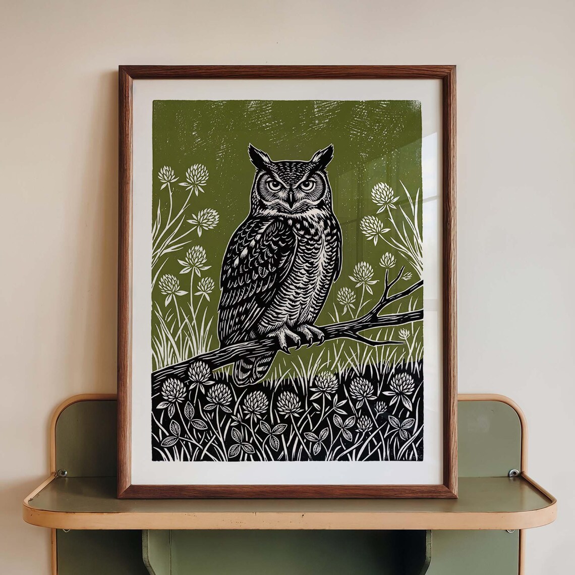 Owl Wall Art Print, Woodland Linocut Poster