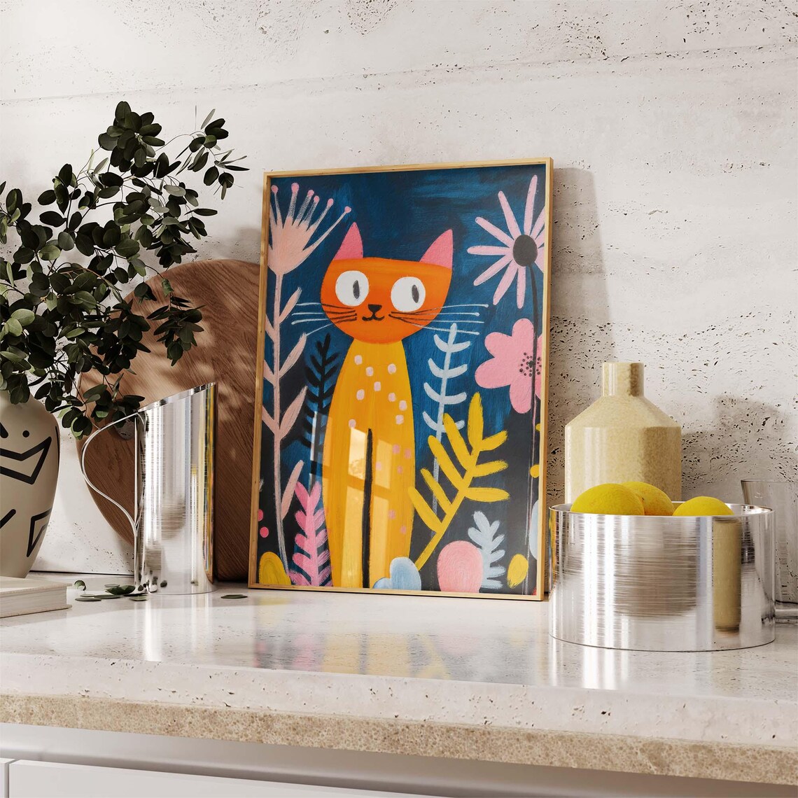 Orange Cat With White Spots Among Pink Flowers On Dark Blue Folk Poster - Image 2