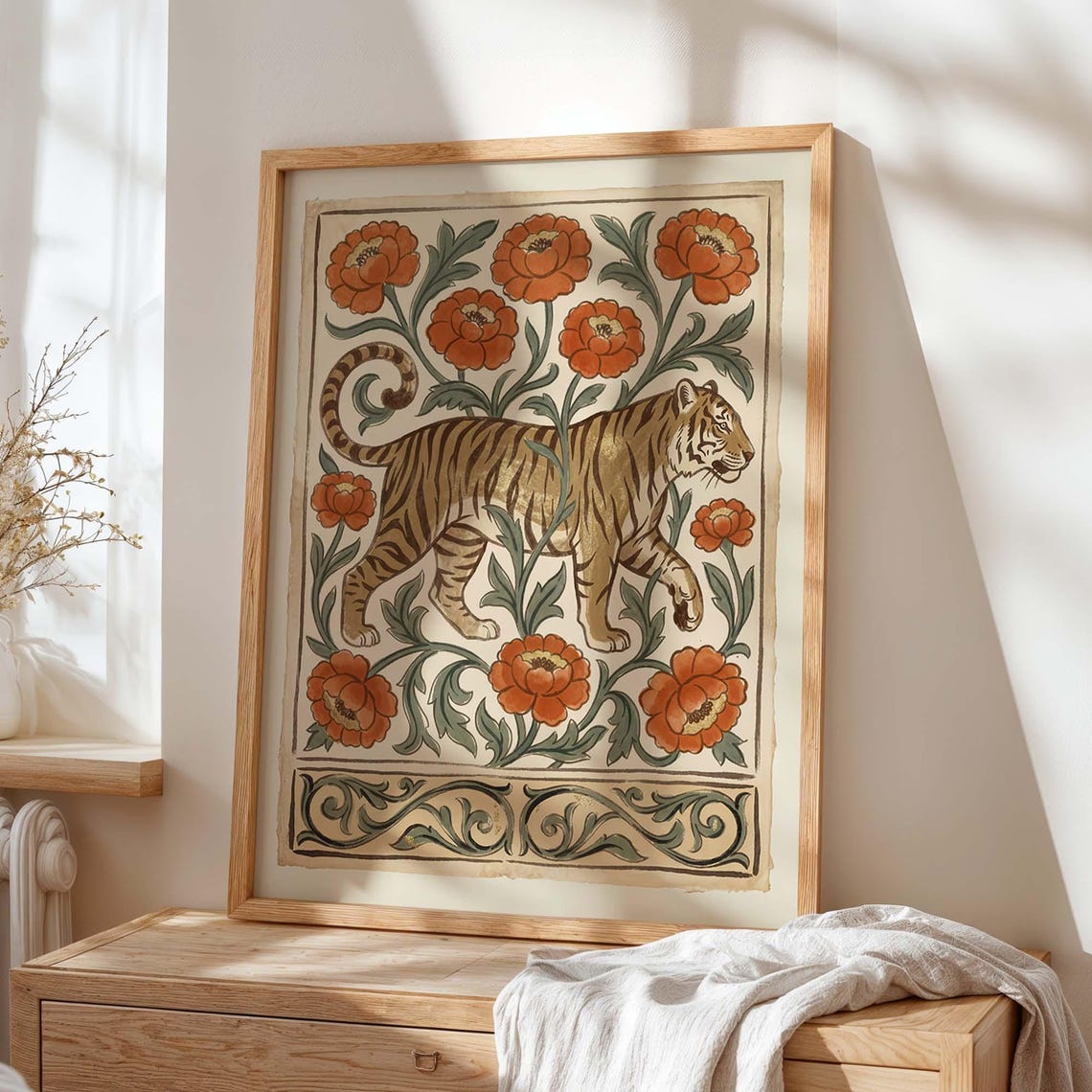 Vintage Tiger Among Orange Flowers Botanical Nouveau Art Poster