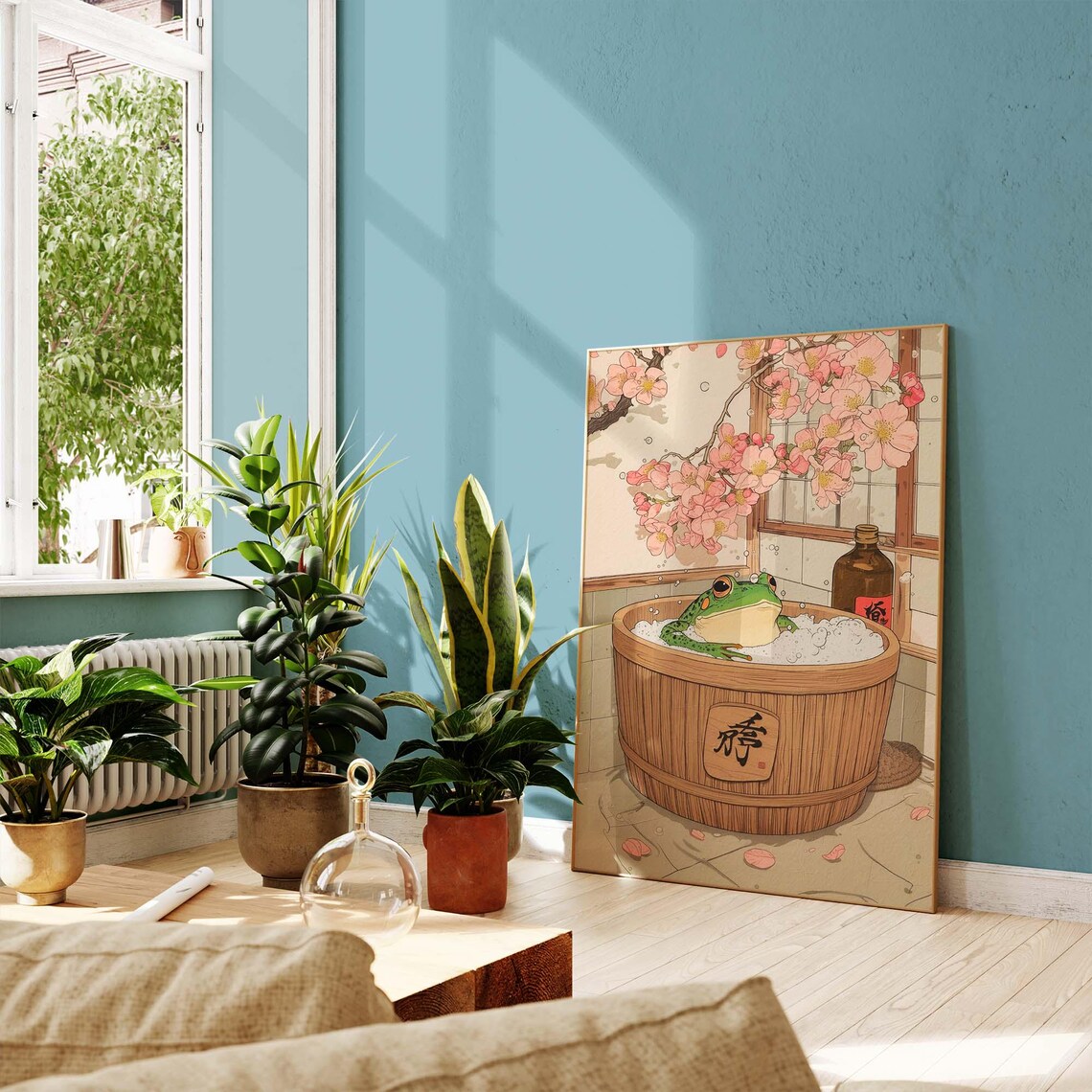 Frog Relaxing in Wooden Bath Tub Japanese Woodblock Art Poster - Image 2