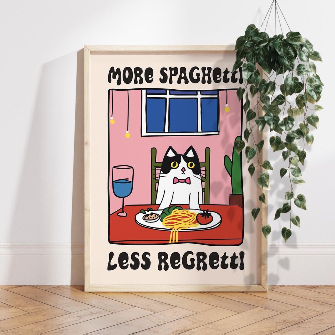 More Spaghetti Less Regretti Cat Kitchen Retro Poster