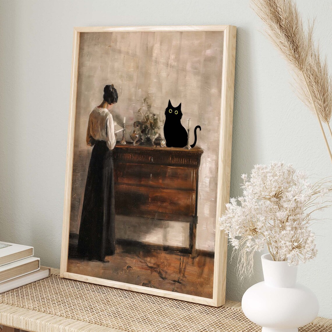 Black Cat Sitting on Dresser Vintage Interior Oil Painting Poster - Image 4
