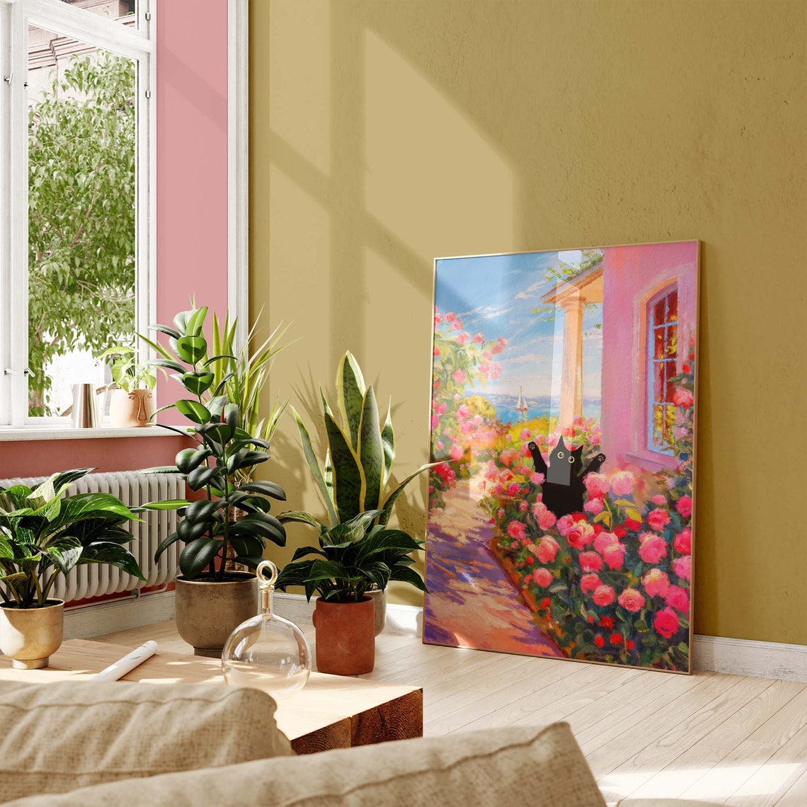 Black Cat Among Pink Roses On Seaside Terrace With Ocean View Poster - Image 3