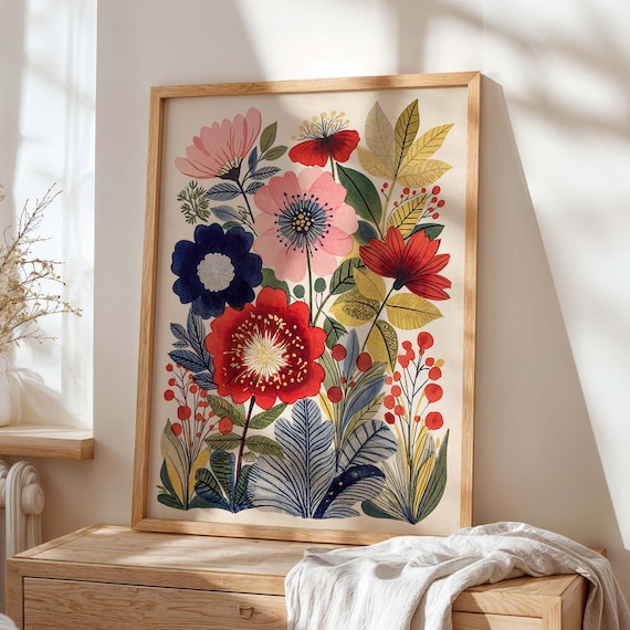 Red Blue Folk Garden Flowers Colorful Botanical Vintage Art Poster
