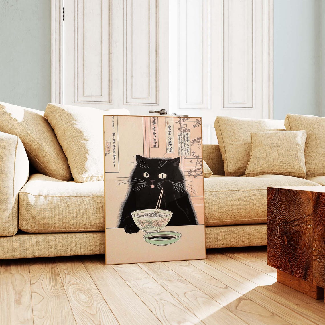 Black Cat Eating Ramen Noodles Japanese Woodblock Art Poster - Image 3