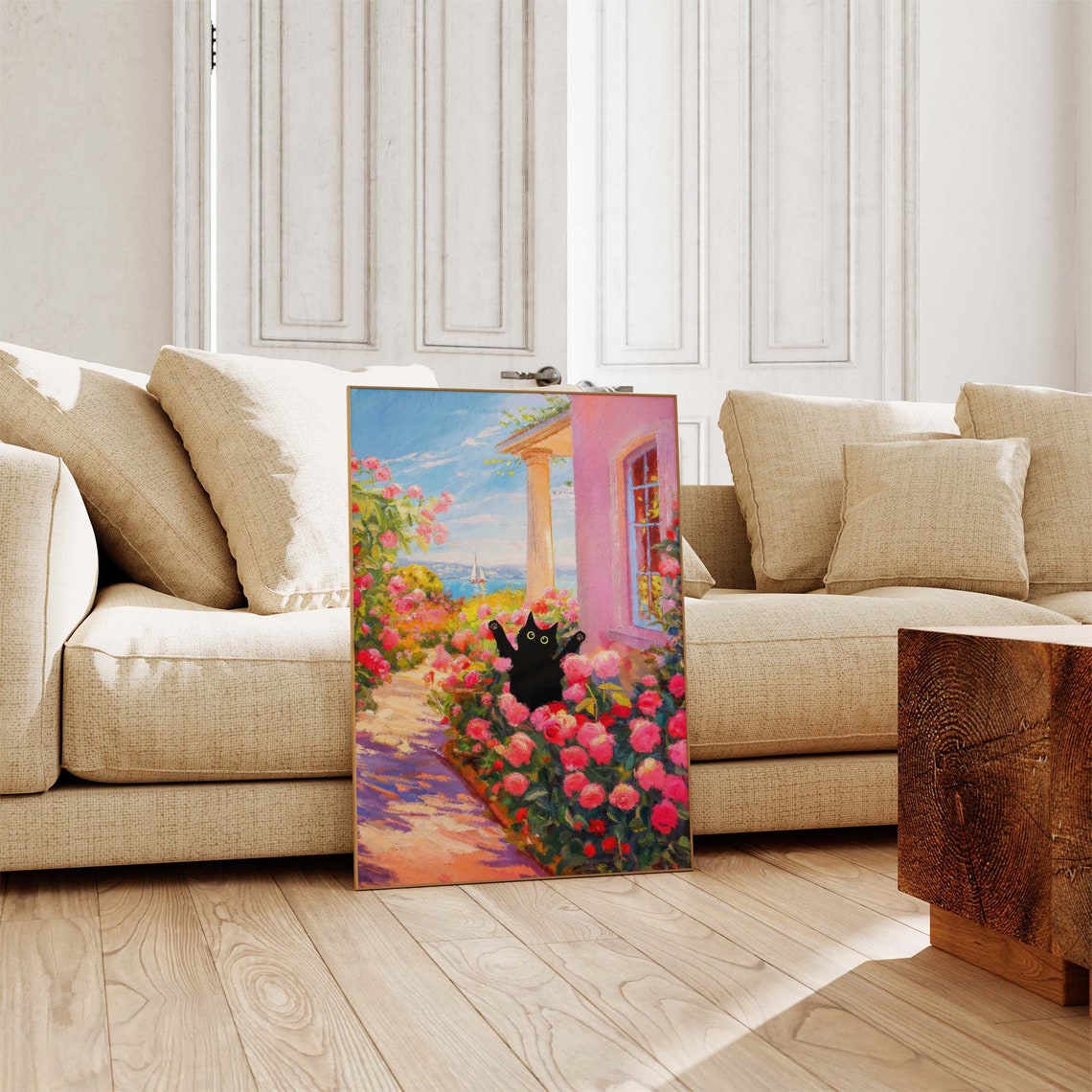 Black Cat Among Pink Roses On Seaside Terrace With Ocean View Poster - Image 4