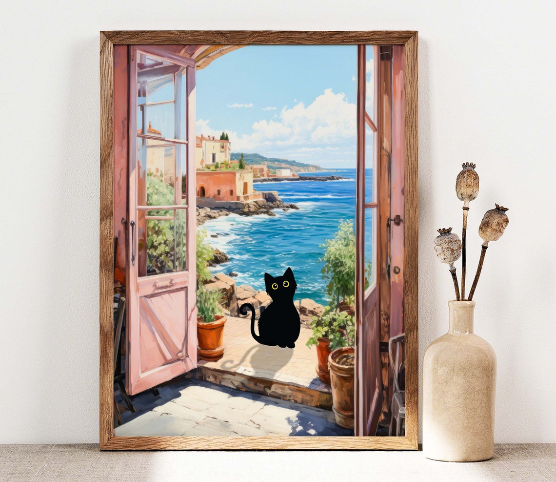 Black Cat On Sunny Coastal Terrace With Sea View Funny Cat Poster