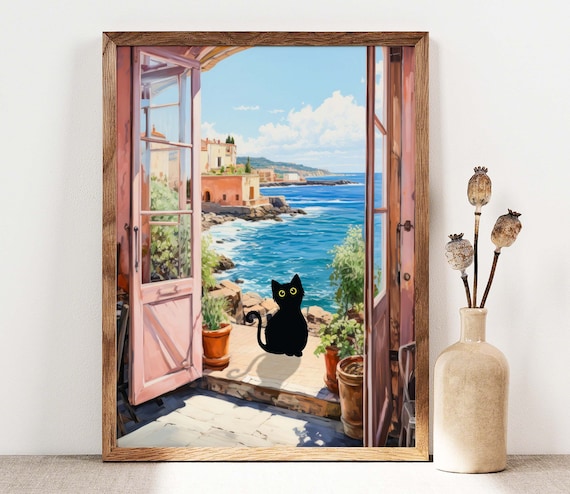 Black Cat On Sunny Coastal Terrace With Sea View Funny Cat Poster
