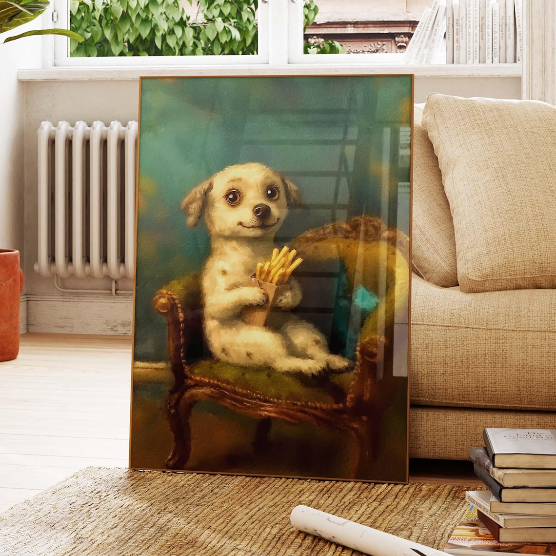White Puppy Holding French Fries On A Vintage Chair Art Poster