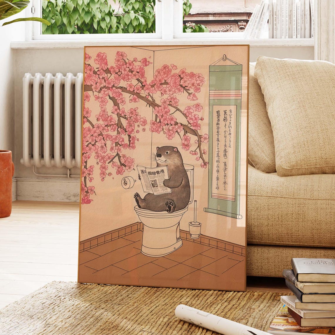 Otter Reading Newspaper On Toilet With Cherry Blossom Japan Poster - Image 4