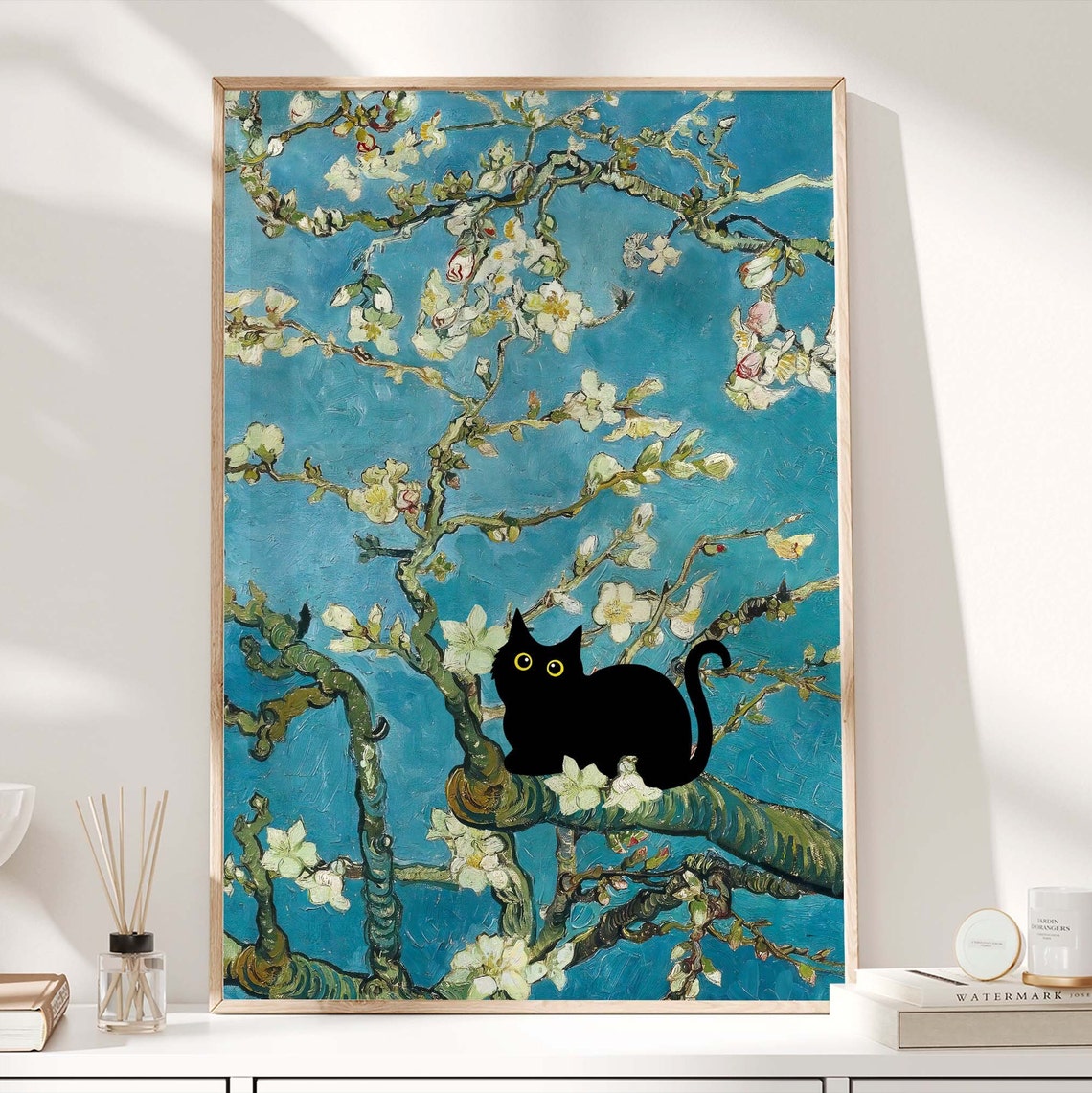 Black Cat Perched on a Branch in Van Gogh Almond Blossom Art Poster - Image 3
