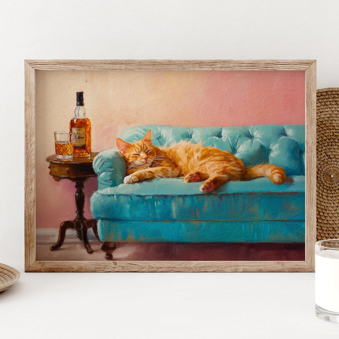 Orange Cat With Whiskey Art Print, Quirky Bar Decor