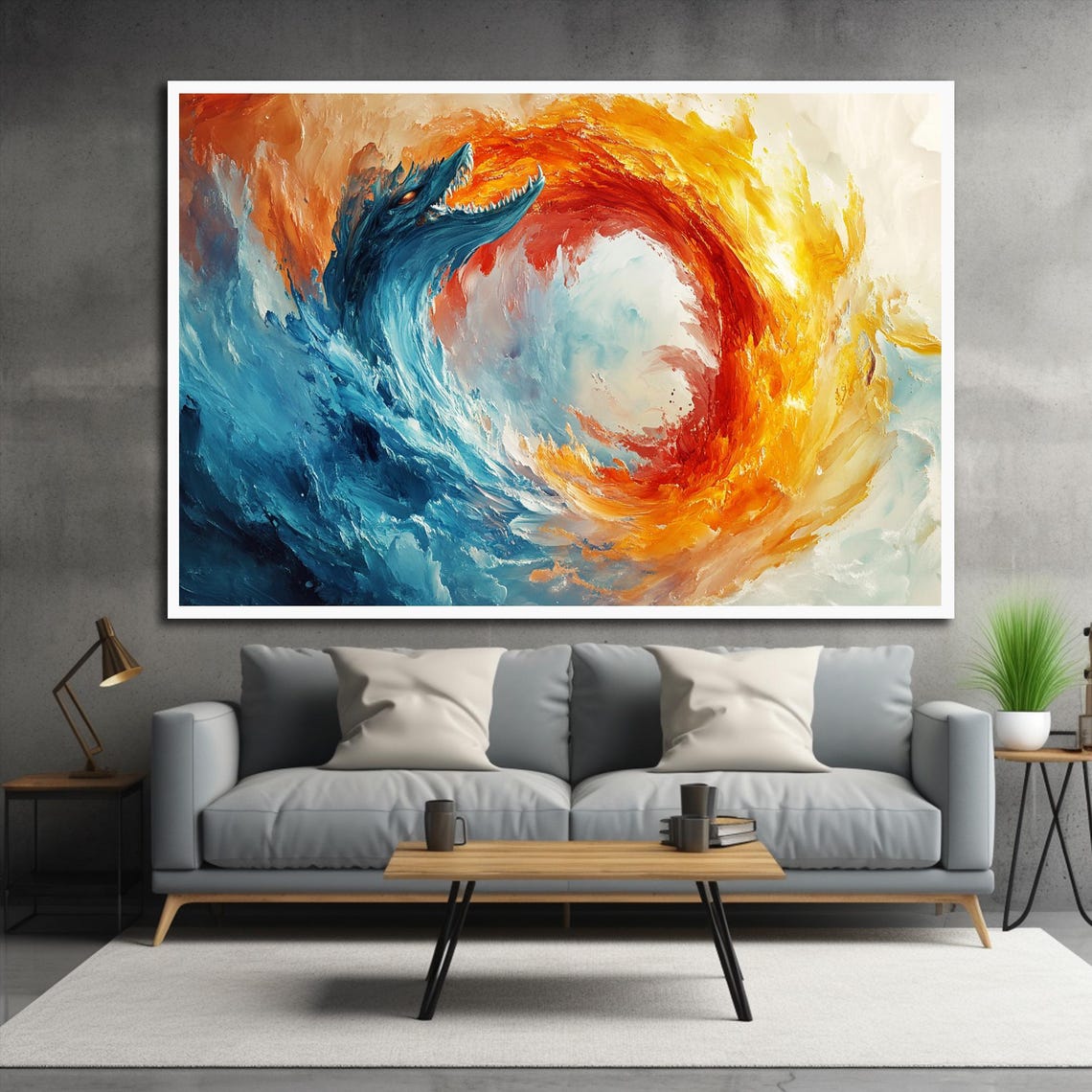 Fire Water Dragon Elemental Swirl Clash Fantasy Epic Art Poster - Image 2