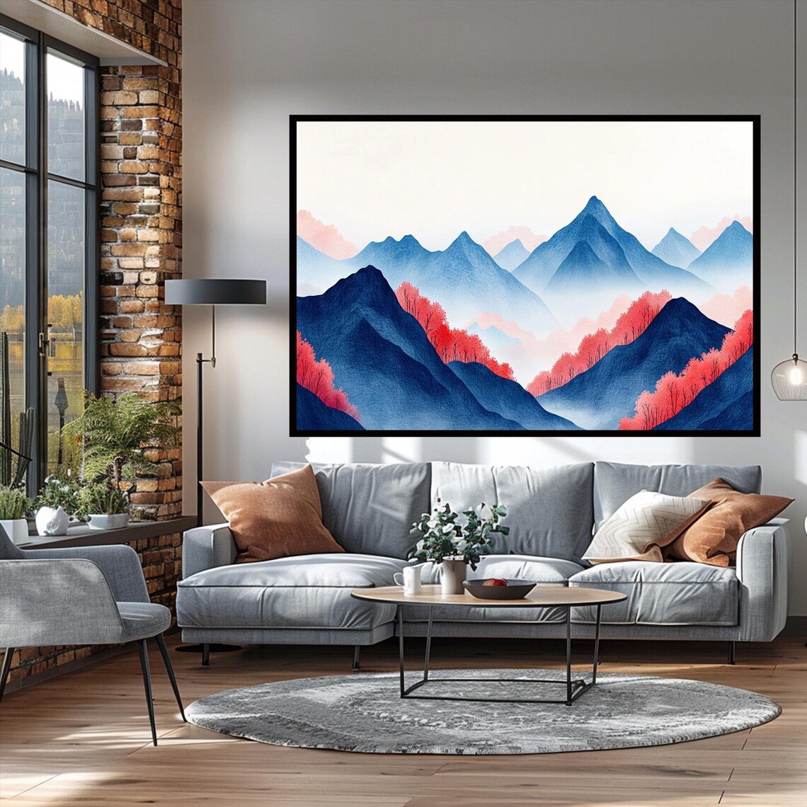 Minimalist Blue Mountains Coral Autumn Trees Watercolor Zen Art Poster - Image 3