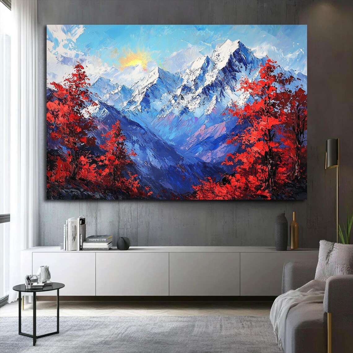 Crimson Autumn Trees Snowy Blue Mountains Sunrise Oil Poster - Image 2