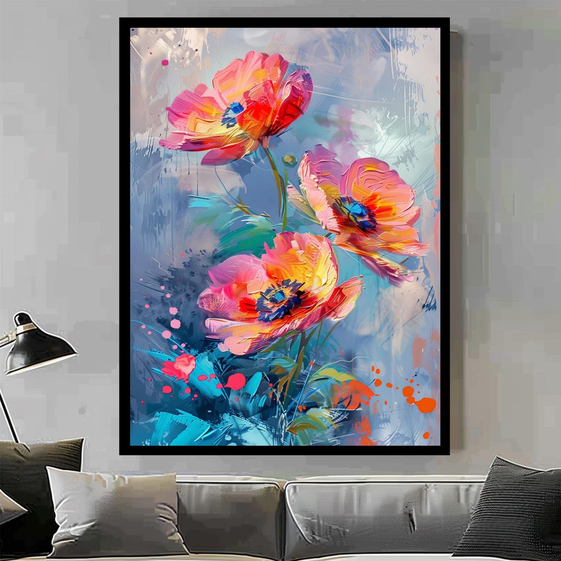 Vibrant Coral Poppy Blooms Bold Abstract Floral Botanical Wall Print - Image 3