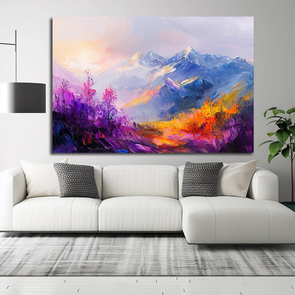 Colorful Sunrise Mountain Peaks Violet Blossom Impasto Oil Painting Poster - Image 3