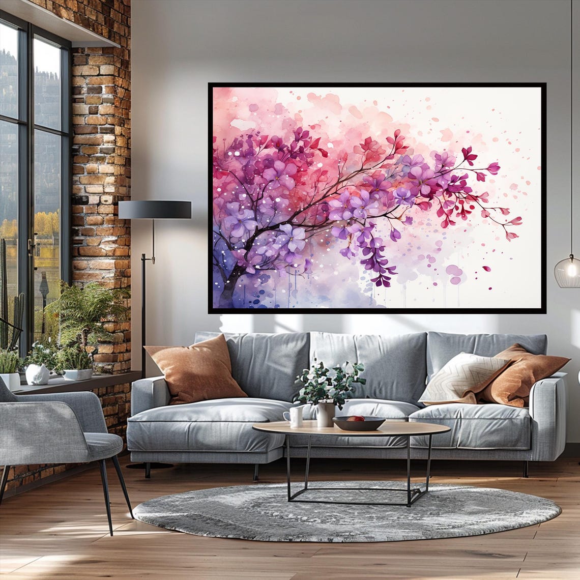 Pink Purple Blossom Branch Watercolor Soft Floral Bloom Wall Art - Image 3