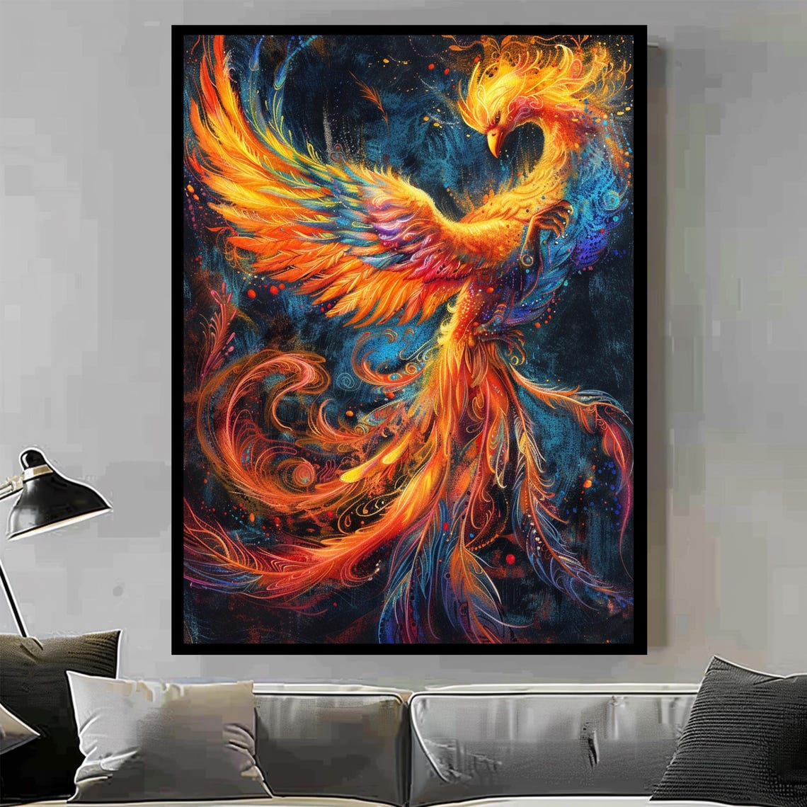 Fiery Phoenix Wall Art with Orange Plumage Rising on Dark Background - Image 2