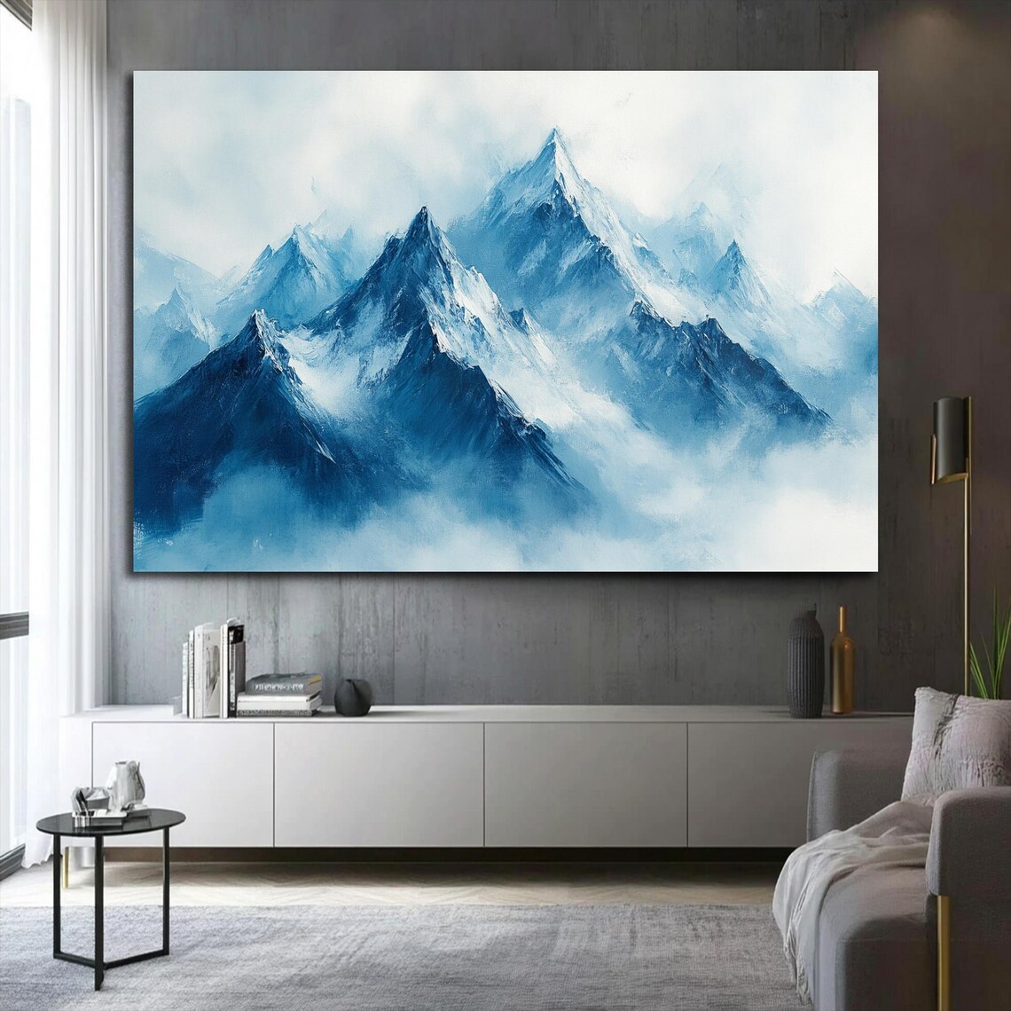Blue Misty Mountain Peaks Watercolor Abstract Landscape Poster - Image 3